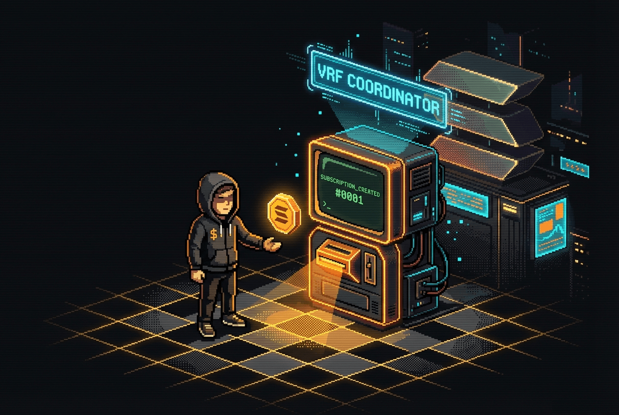 Pixel art developer inserting a Solana coin into a VRF Coordinator kiosk