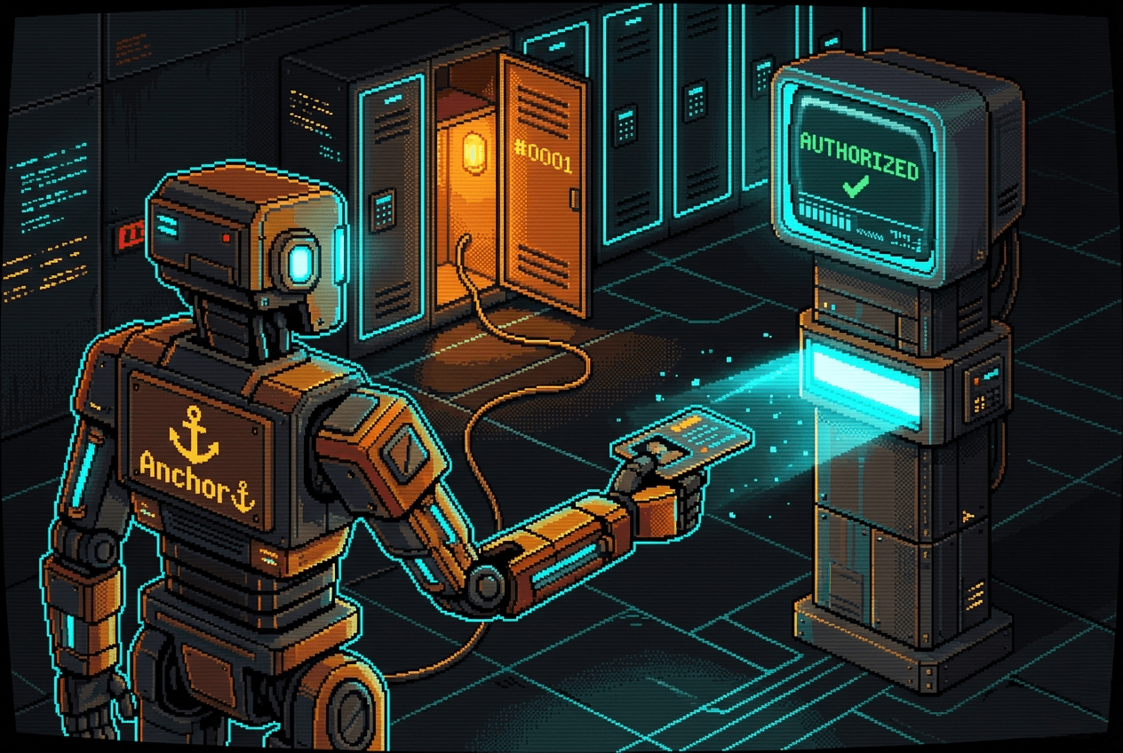 Pixel art robot presenting a keycard at an AUTHORIZED scanner, linked to a subscription locker