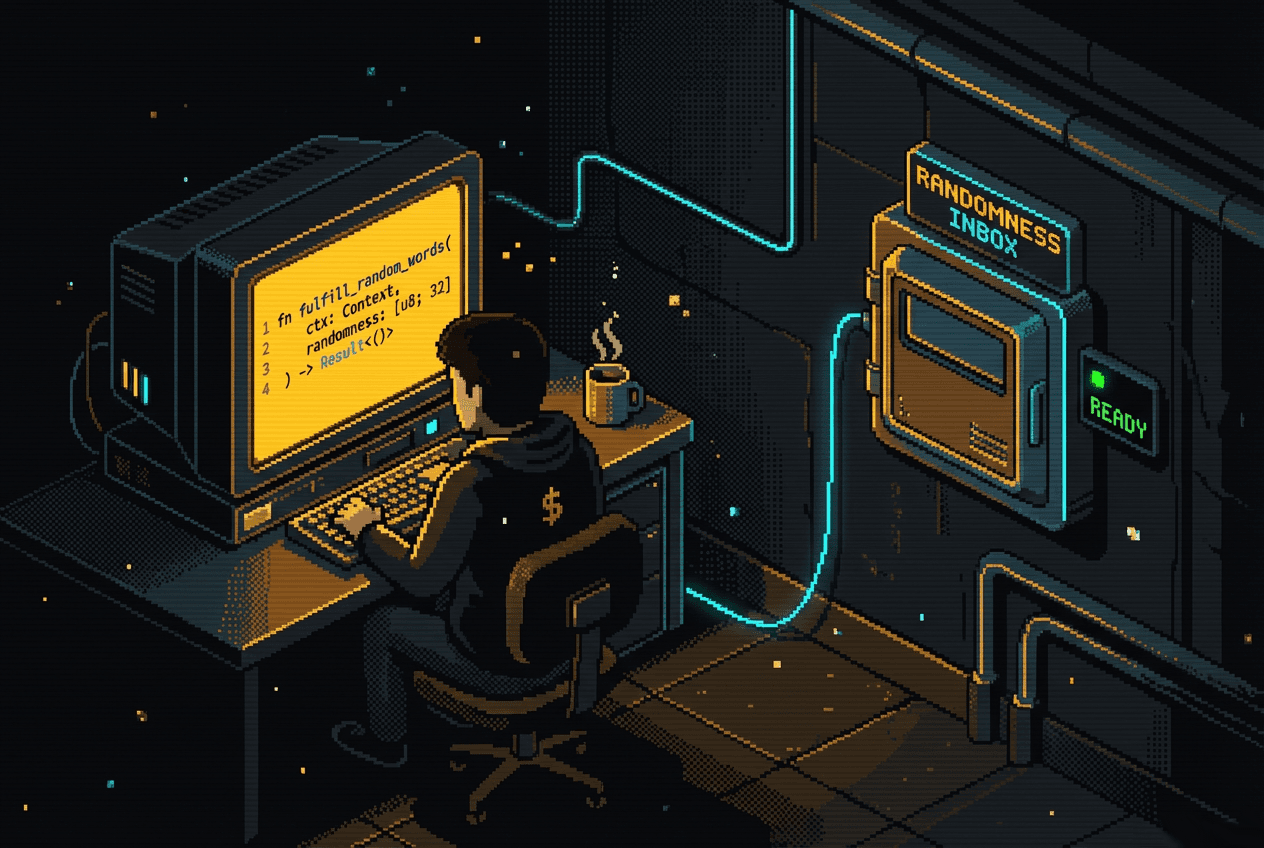 Pixel art developer at a CRT writing a fulfill_random_words callback wired to a RANDOMNESS INBOX hatch
