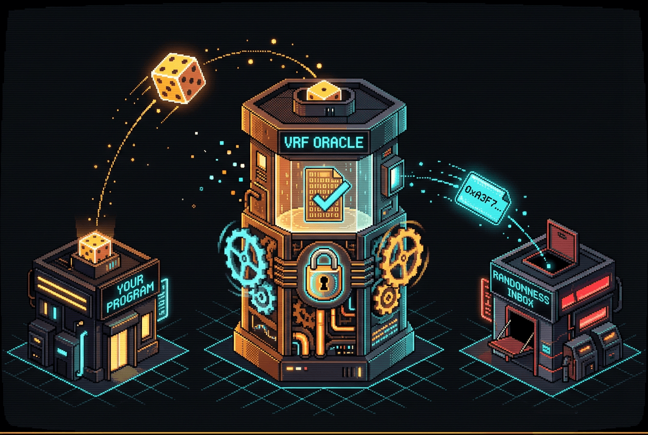 Pixel art flow diagram: program launches dice to the VRF Oracle, which returns a random number to the inbox